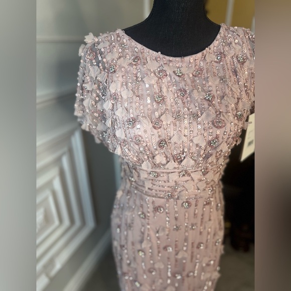 Pink Cap Sleeve Column Midi Dress With Floral Beading - Picture 4 of 10